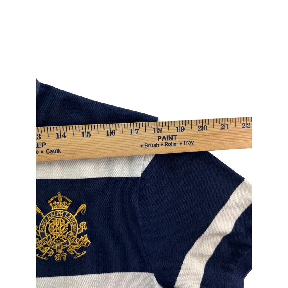 Polo Ralph Lauren Mens Custom Fit Striped Rugby Polo Shirt Navy White Sz LG Logo